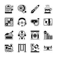 A collection of simple, colorful, outline icons representing various leisure activities., vector