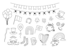 St Patricks Day doodles set. Cute doodles of leprechaun stuff, pot of gold, clovers and shamrocks, rainbow and festive elements. Patrick Day March 17 isolated black objects on white background vector