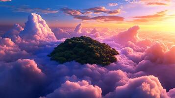 A serene mountain island amidst colorful clouds. photo