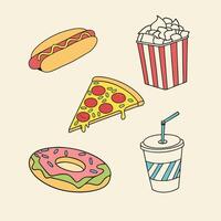 a set of different foods including a pizza, a hot dog, and a soda vector