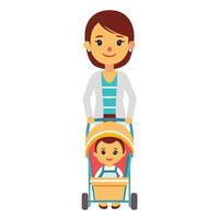 mother and child walking in stroller illustration vector