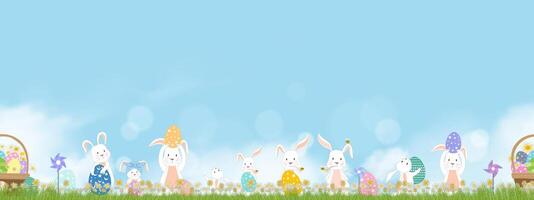 Easter background,Seamless pattern family bunny rabbits with Easter Eggs standing on spring flower, green grass fields, blue sky, cloud background, panoramic for Easter wallpaper or widescreen vector