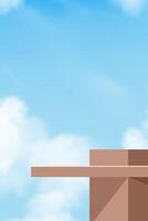 Sky Blue,Cloud Background,Brown Podium Platform Step,Minimal 3d Display for Summer Cosmetic Product Presentation Banner, Nature Landscape of Abstract Architecture Wall on Spring Sky vector