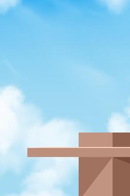 Sky Blue,Cloud Background,Brown Podium Platform Step,Minimal 3d Display for Summer Cosmetic Product Presentation Banner, Nature Landscape of Abstract Architecture Wall on Spring Sky