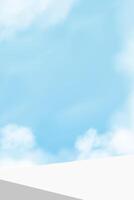 White podium on sky blue, cloud background,Summer banner 3d platform display for cosmetic product presentation,Minimal abstract stage stand mock up design, Spring sky with white building corner vector