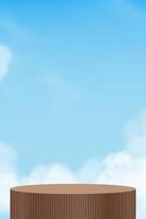 Sky Blue,Cloud Background on Brown Podium for Cosmetic Skincare Product Presentation.Minimalist background 3d Abstract Step Display on Nature Spring Cloudy Sky for Summer Beauty Backdrop Design vector