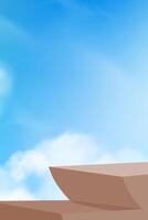 Background abstract 3d podium on sky for product designBlue sky, white cloud over brown platform for cosmetic display.Sky Summer with stage stand mockup for design banner vector