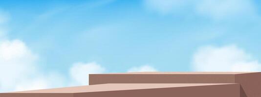 Sky Blue,Cloud Background,Brown Podium Platform Step,Minimal 3d Display for Summer Cosmetic Product Presentation Banner, Nature Landscape of Abstract Architecture Wall Texture on Spring Sky vector