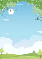 Spring background.Summer landscape of garden with blue sky cloud, sun, forest tree and green grass lawn field on mountains, cute cartoon nature park with copy space for Easter background banner vector
