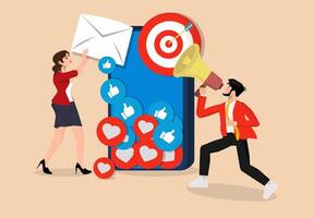 Digital Marketing depicts a man speaking over a loudspeaker and a woman carrying an email message. Influencer marketing, social media promotion, and networking. Bloggers promote services and products. vector