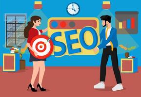 SEO, or Search Engine Optimization, for website entrepreneurs to analyze and monitor using a web report dashboard concept. two professional people holding web and target board vector