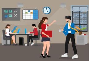 A web banner featuring two employees discussing goals while sipping warm coffee vector