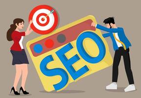 SEO is a search engine optimization concept, a man is doing web SEO and a woman is carrying a target board vector