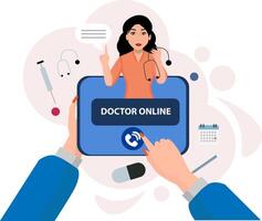 he character is having an online session with a doctor on a laptop. Contemporary healthcare and online medical concepts. Illustration of a flat cartoon vector