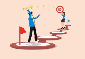 strategic planning procedure, Progress, success, career development, company advancement, timeframe, or winning solution concept, man hurling arrows toward success. vector