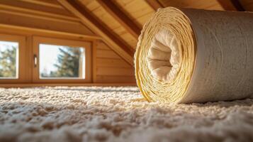 a roll of insulation material in the attic of a house photo