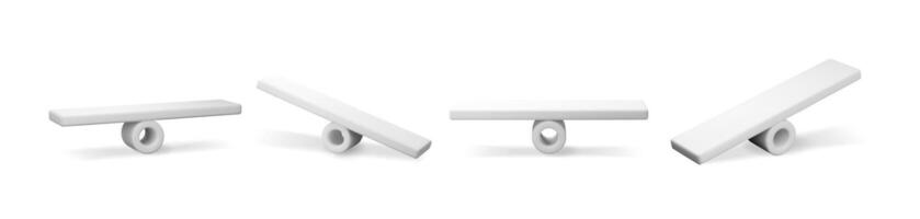 3D Seesaw scales set isolated on white. Render collection of empty weight measuring seesaw scale. Balanced swing scales. Justice, measurement, decision, choice and balance concept vector