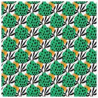 Colorful pattern featuring green vase with black polka dots, orange accents, and black leaves on a white background with specks of color. vector