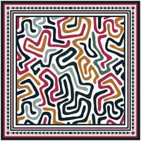Abstract square print pattern scarf with intertwined, colorful lines red, green, gold, and black set within a decorative border. vector