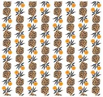 A repeating pattern of tan fruits with black spots, accompanied by orange round fruits and green leaves on a white background. vector