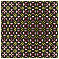 A vibrant geometric pattern featuring interlocking circles in yellow, black, and pink against a black background. vector