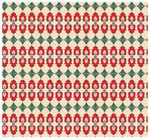 Seamless pattern featuring stylized red flowers with cream centers, surrounded by green leaves and circular motifs on a beige background. vector