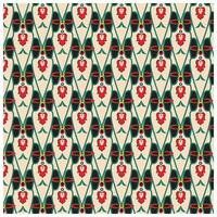 A repeating pattern of stylized red flowers on a cream background, framed by green leaves and decorative elements in black and yellow. vector