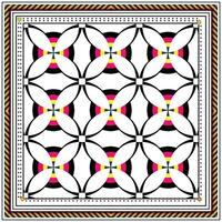 Colorful geometric square print scarf, pattern featuring interlocking circles, with a vibrant border of black, red, yellow, and orange. vector