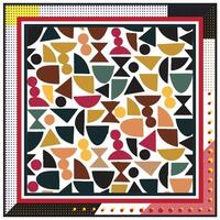 A colorful geometric print scarf pattern featuring various shapes in earthy tones, framed by bold striped borders in contrasting colors. vector