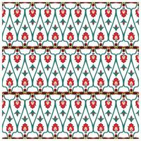 A repeating pattern featuring floral motifs in red, outlined in green, set against a white background with decorative elements. vector