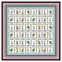A vibrant square print scarf, patterned design featuring potted plants, succulents, and colorful vases in a grid layout, surrounded by decorative borders. vector