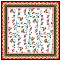 A vibrant floral print pattern in square shape with red and yellow flowers and green stems, framed by intricate geometric borders in black and gold. vector