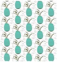 Pattern of teal pots with plants, featuring curved lines and scattered colorful dots on a white background. vector