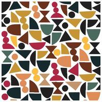 A colorful geometric square print pattern featuring various shapes in earthy tones, framed by bold striped borders in contrasting colors. vector