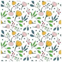 A vibrant pattern featuring colorful flowers, leaves, and berries on a white background, creating a cheerful, nature-inspired design. vector