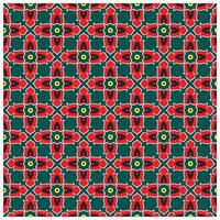A vibrant repeating pattern of red floral shapes with black accents and yellow circles on a deep green background. vector