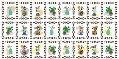 A patterned grid of vibrant floral arrangements in various unique pots against a white background, featuring diverse plant types and colors. vector