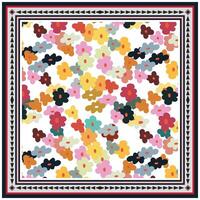 Colorful floral pattern print in square shape with various blossoms on a white background, bordered by a geometric, decorative frame in black and red. vector