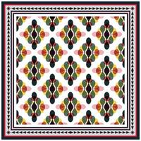Colorful geometric print scarf patterns in square shape, green, red, yellow, and black on a white background, framed by intricate borders. vector