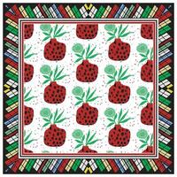 Square print scarf Pattern of red pomegranate with black dots and green foliage, set against a white background, bordered by a colorful geometric frame. vector