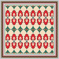A repeating square print scarf, pattern of red flowers with cream centers, framed by colorful geometric borders, against a light beige background. vector