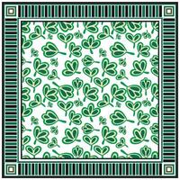 Square print scarf, pattern of green shamrocks on a white background, framed by a decorative black and white border. vector
