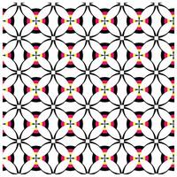 A geometric pattern of interlocking circles in black, white, pink, and yellow arranged in a grid layout. vector