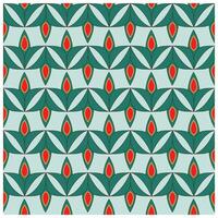 A repeating pattern of green leaves with red teardrop shapes on a light blue background, creating a vibrant, graphic design. vector