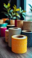 a row of colorful rolls of tape on a table photo