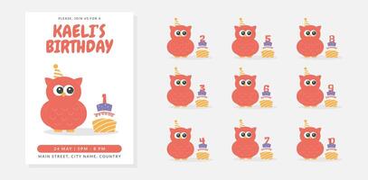 Greeting and invitation for kids Birthday party. Cute owl and set of cake with number with bird in flat childrens style. illustration collection, design for card, poster, event, prints vector
