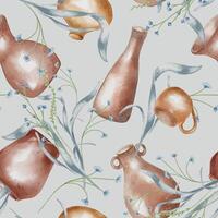 Vases various shape in sepia tone with blue botanical elements watercolor seamless pattern isolated. Leaves and flowers in jug hand drawn endless background for pottery themes textile, package. vector