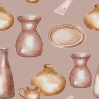Various pottery different shape and size seamless pattern isolated. Clay dishes handcrafted in neutral tones watercolor print. Pattern with utensil handmade for design textile, package, paper vector