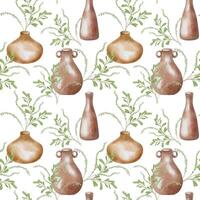 Pottery with green foliage hand drawn seamless pattern. Vases handcrafted with botanical arrangement in watercolor isolated. Handmade clay jug with leaves and stems. For textile on ceramics themes. vector