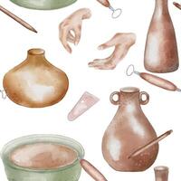 Women hands and pottery items in pastel tone hand drawn seamless pattern isolated. Two hands, jug and clay dishes watercolor endless print. Design pattern with pottery vase for textile, packaging. vector